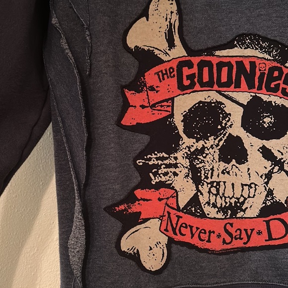 Upcycled “The Goonies Never Say Die” fringed hoodie sweatshirt duster jacket - Picture 12 of 14